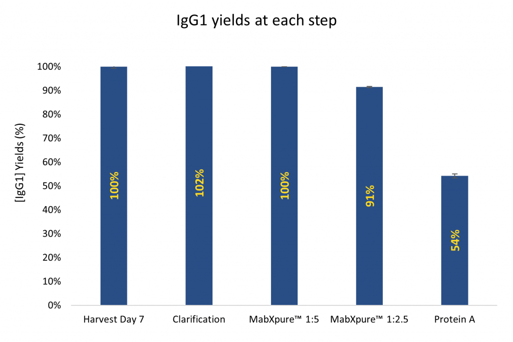 Figure 2: IgG1 yields/recoveries are significantly higher when using MabXpure™ resin compared to Protein A resin, with all recoveries higher than 90 %. IgG1 quantification was performed at each purification step using the BLItz® system (ForteBIO®) with protein A biosensors (Dip and Read™ Protein A (ProA)).
